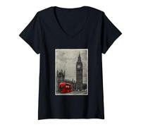 Mujer Black & White Retro Real London with Big Ben, London Skyline Camiseta Cuello V