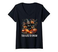 Mujer Black Witch Cat Kitten Graphic For Cat Mom Too Cute To Spook Camiseta Cuello V