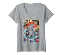 Mujer Blanco Tigre Japonés Ukiyo-e Ola Arte Rojo Sol Vintage Camiseta Cuello V