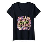 Mujer Blast Off 100 Days of School Retro Space Boys Girls Teacher Camiseta Cuello V