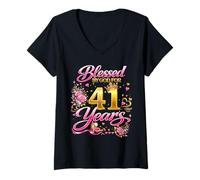 Mujer Blessed by God for 41 Years Old Women 41st Birthday Queen Camiseta Cuello V