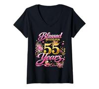 Mujer Blessed by God for 55 Years Old Women 55th Birthday Queen Camiseta Cuello V