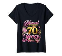 Mujer Blessed by God for 70 Years Old Women 70th Birthday Queen Camiseta Cuello V
