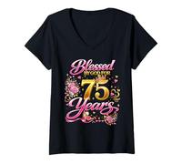 Mujer Blessed by God for 75 Years Old Women 75th Birthday Queen Camiseta Cuello V