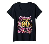 Mujer Blessed by God for 80 Years Old Women 80th Birthday Queen Camiseta Cuello V