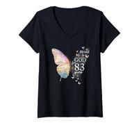 Mujer Blessed by God for 83 años Butterfly Art 83 cumpleaños Camiseta Cuello V