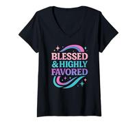 Mujer Blessed & Favored Life Christian Pastel Rainbow Retro Y2K Camiseta Cuello V