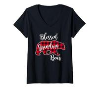 Mujer Blessed Grandma Bear Red Buffalo a Cuadros de Cuadros, Regalo para Abuela Camiseta Cuello V