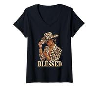 Mujer Blessed Leopard Print Cowgirl Black Woman Moda Mujer Hombres Camiseta Cuello V