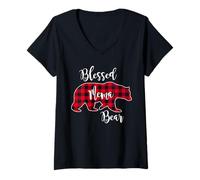 Mujer Blessed Mema Bear Red Buffalo Check Plaid Divertido Regalo para Abuela Camiseta Cuello V