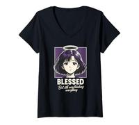 Mujer Blessed Overthinking Christian Anime Girl Manga Estética Camiseta Cuello V
