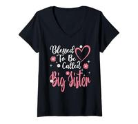 Mujer Blessed To Be Called Big Sister Flower Heart Mother's Day Camiseta Cuello V