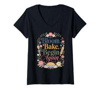 Mujer Bloom Bake Begin Again Estética Floral Camiseta Cuello V