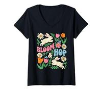 Mujer Bloom & Hop - Conejo de Pascua con diseño Floral de Primavera Camiseta Cuello V