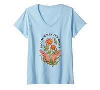 Mujer Bloom When Its Right, Arte Natural Vintage de los 70 con Forma de Manos de Flores Camiseta Cuello V