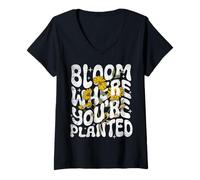 Mujer Bloom Where You Are Planted Nature Cita Floral Motivacional Camiseta Cuello V