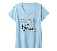 Mujer Bloom Where You Are Planted Wildflower Christian Bible Verse Camiseta Cuello V
