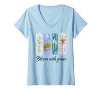 Mujer Bloom with Grace Pastel Jardín Flores Arte Camiseta Cuello V