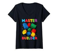 Mujer Bloques de 4 años de edad Building Master Builder 4th Birthday Boy Camiseta Cuello V