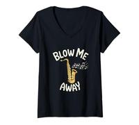 Mujer Blow Me Away Saxofón Jazz Música Juego de Palabras Divertido Camiseta Cuello V