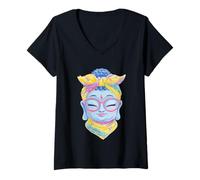 Mujer Blue Buddha Kawaii Spiritual Retrato Gráfico Gafas Rosa Camiseta Cuello V