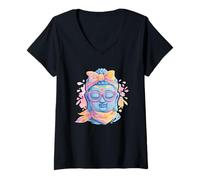 Mujer Blue Buddha Kawaii Spiritual Retrato Gráfico Gafas Rosa Camiseta Cuello V