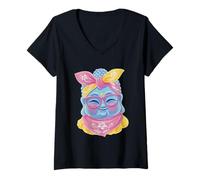 Mujer Blue Buddha Kawaii Spiritual Retrato Gráfico Gafas Rosa Camiseta Cuello V