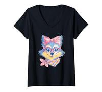 Mujer Blue Fox Retrato Animal Lover Graphic Pink Glasses Bow Camiseta Cuello V