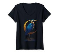 Mujer Blue Heron Celestial Crescent Moon Observador de Aves Camiseta Cuello V