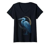 Mujer Blue Heron Celestial Crescent Moon Observador de Aves Camiseta Cuello V