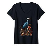 Mujer Blue Heron Floral Wildflower Avistamiento de Aves Camiseta Cuello V