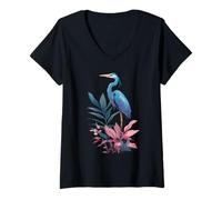 Mujer Blue Heron Floral Wildflower Avistamiento de Aves Observador de Aves Camiseta Cuello V