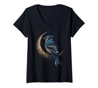 Mujer Blue Jay Crescent Moon Celestial Observación de Aves Camiseta Cuello V