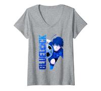 Mujer Blue Lock Blue Soccer Ball Split Panels Camiseta Cuello V, Gris Jaspeado, S