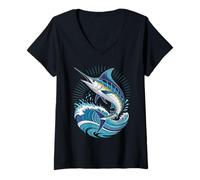 Mujer Blue Marlin Ocean Graphic Fishing Camiseta Cuello V