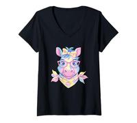 Mujer Blue Pig Retrato Animal Lover Graphic Gafas Rosa Floral Camiseta Cuello V