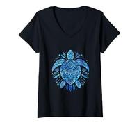Mujer Blue Sea Turtle Mandala Bohemio Océano Wildlife Art Camiseta Cuello V