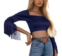 Mujer Blusa Sexy Camiseta Mujer Manga Larga Flecos Occidental Cuello Redondo Ajuste Top Retro Country Fiesta Danza Concierto Fiesta Traje Escena Vaquera Casual Chic, azul, XL