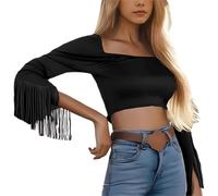 Mujer Blusa Sexy Camiseta Mujer Manga Larga Flecos Occidental Cuello Redondo Ajuste Top Retro Country Fiesta Danza Concierto Fiesta Traje Escena Vaquera Casual Chic, Negro , XL