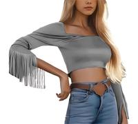 Mujer Blusa Sexy Camiseta Mujer Manga Larga Flecos Occidental Cuello Redondo Ajuste Top Retro Country Fiesta Danza Concierto Fiesta Traje Escena Vaquera Casual Chic, gris, XL