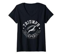 Mujer BMH Triumph Retro1970s Emblema de Ciervo Saltando Camiseta Cuello V