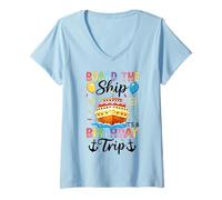 Mujer Board The Ship It's A Birthday Trip Pastel de cumpleaños Barco Camiseta Cuello V