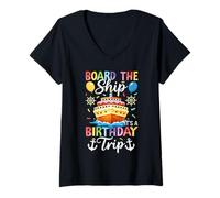 Mujer Board The Ship It's A Birthday Trip Pastel de cumpleaños Barco Camiseta Cuello V