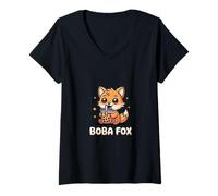 Mujer Boba Fox Design Lindo Zorro Bubble Tea Kawaii Camiseta Cuello V