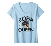 Mujer Boba Queen Bebida Té de Burbujas Cadera Perla Leche Camiseta Cuello V