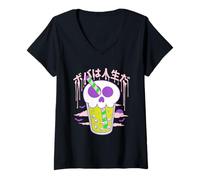 Mujer Boba Skull Bubble Tea Cup Halloween Camiseta Cuello V