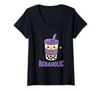 Mujer Bobaholic Bubble Tea Boba Lover Kawaii Bebe un Lindo té con Leche Camiseta Cuello V
