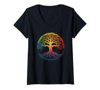 Mujer Bodh Gaya Bodhi Árbol Arco Iris Chakra Meditación Arte Camiseta Cuello V