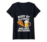 Mujer Body By Alcohol And Bad Decisions Funny Pizza Beer Beber Camiseta Cuello V