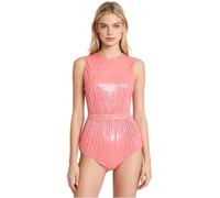 Mujer Bodysuit Aspecto Mojado Mujeres Catsuit Abierto Ropa De Noche Rosa L